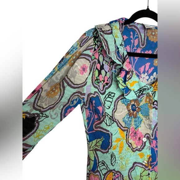 Art To Wear Rouched Long sleeve Button Front Alberto Makali Floral Blouse Size S - Picture 5 of 10